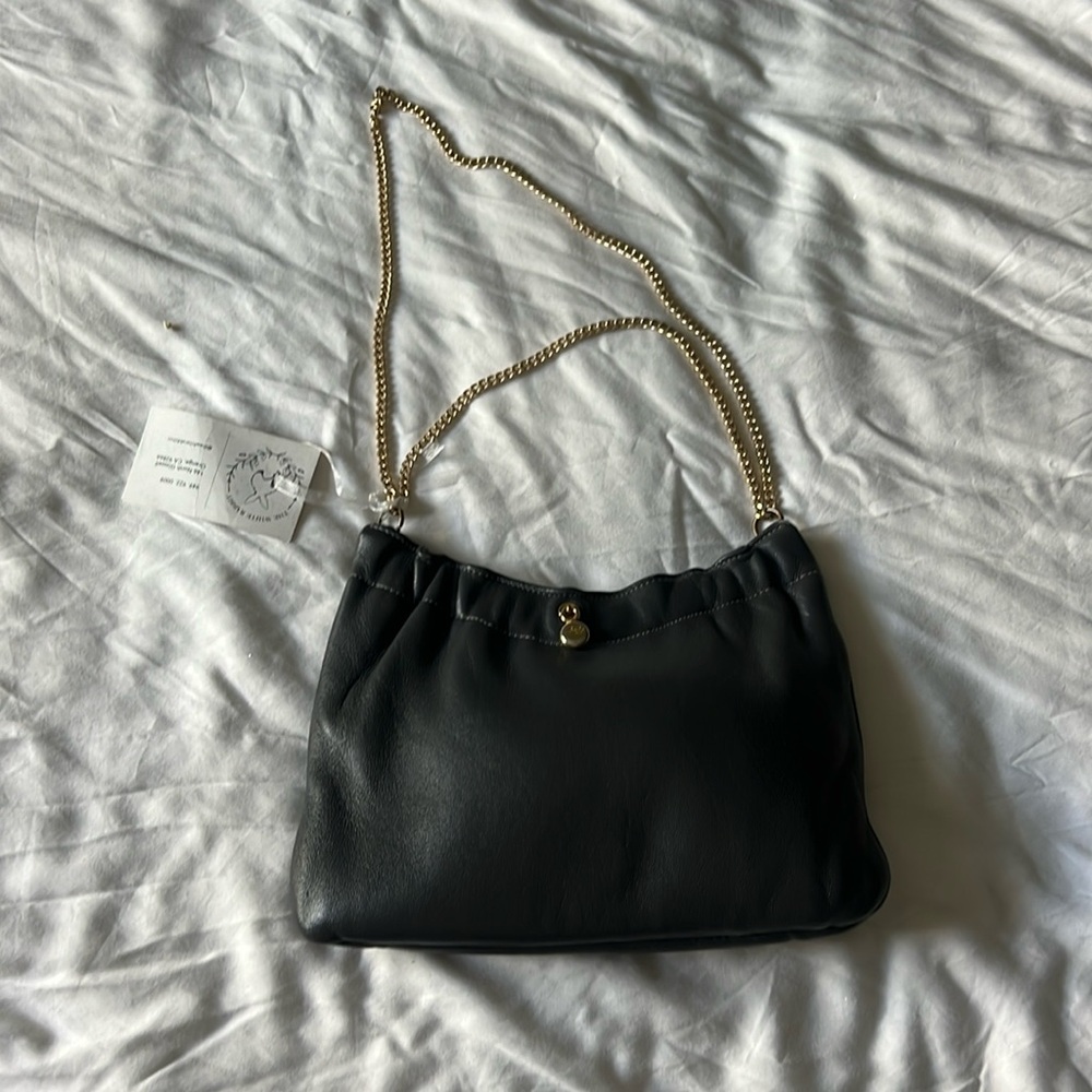 SOLD! Vintage Ande charcoal grey leather purse with gold chain